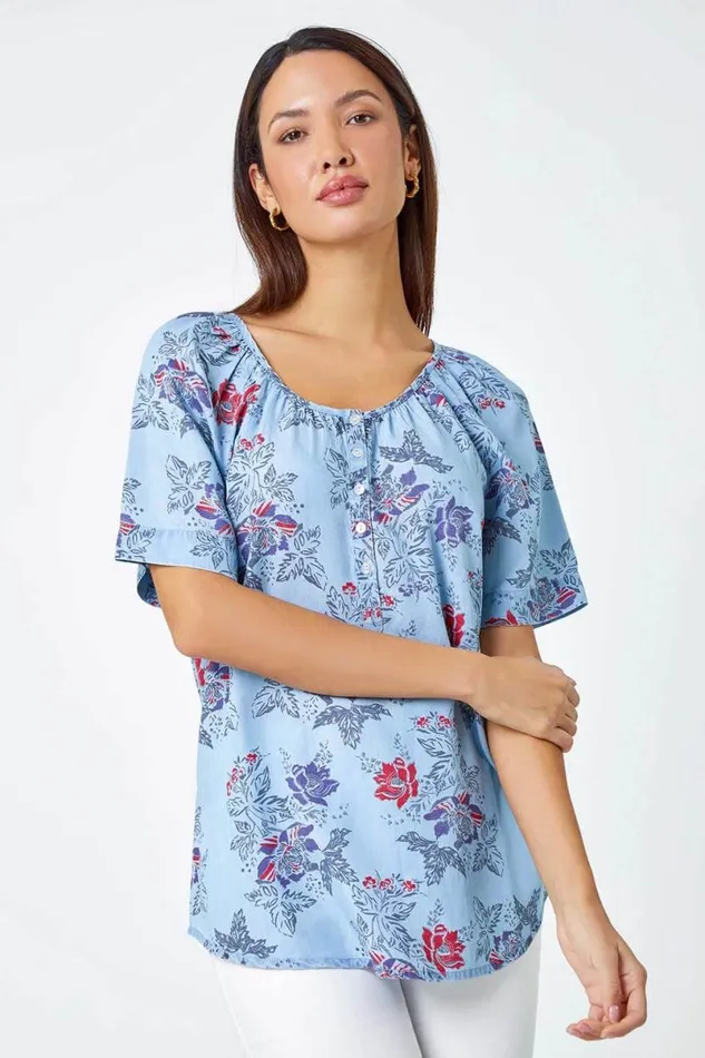 Light Denim Floral Print Button Detail Top Women Roman Tops