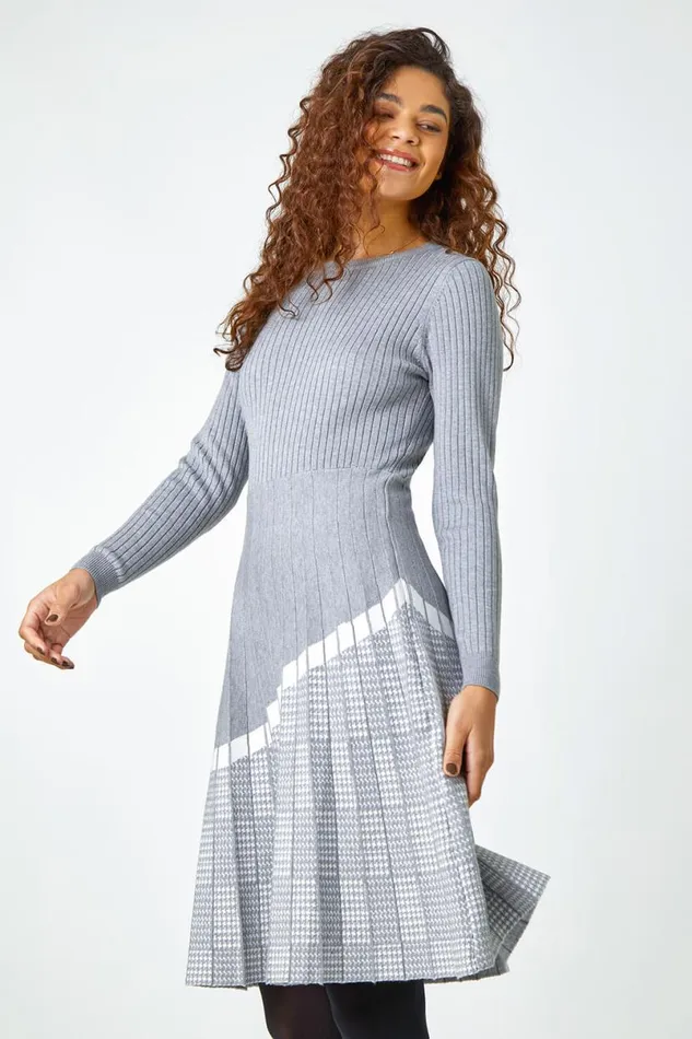 Light Grey Ribbed Stretch Knit Dress Women Roman Dresses