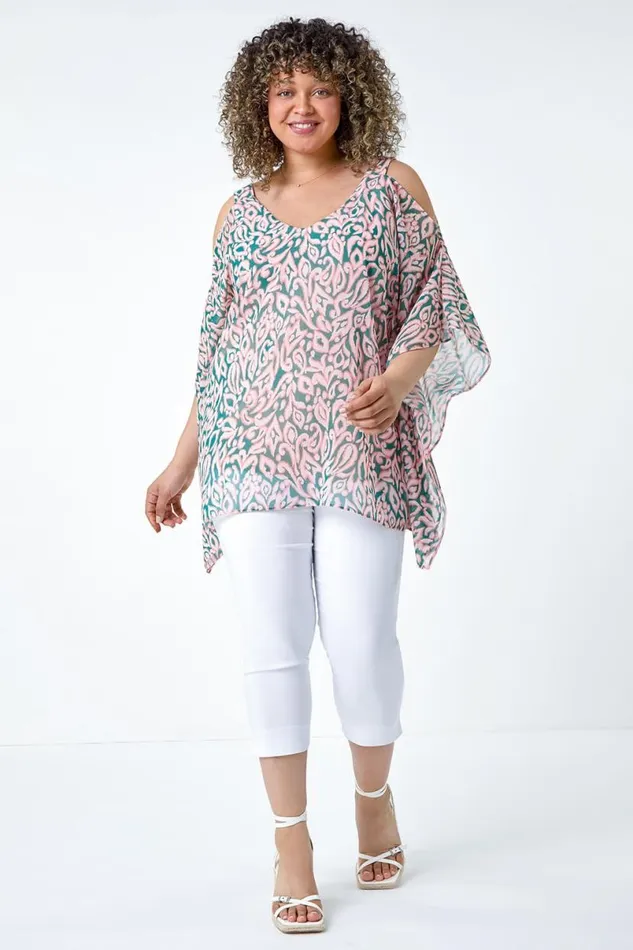 Light Pink Curve Printed Chiffon Cold Shoulder Top Women Roman Tops