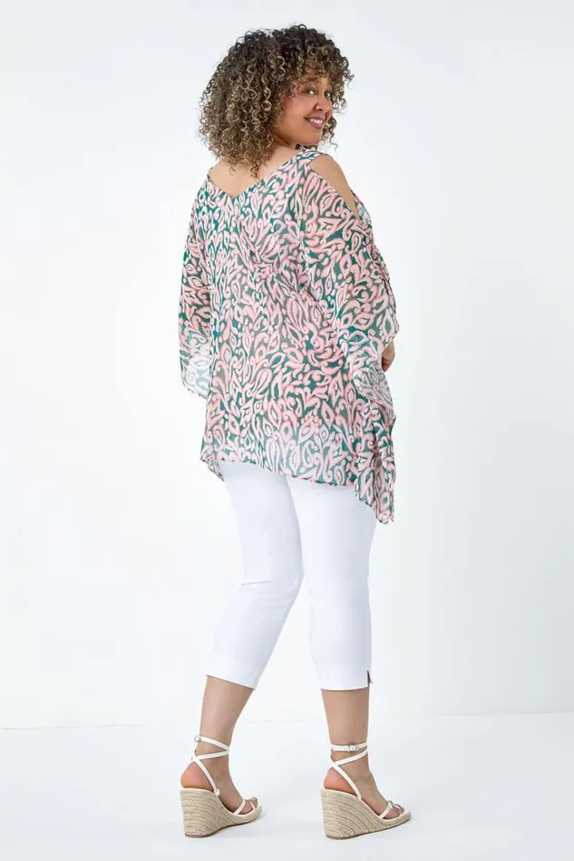 Light Pink Curve Printed Chiffon Cold Shoulder Top Women Roman Tops