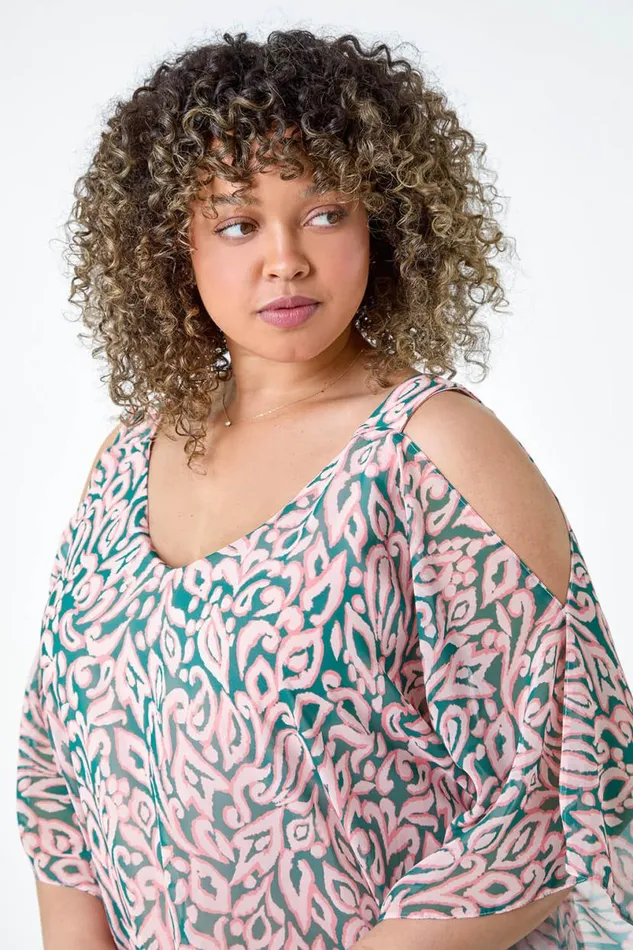 Light Pink Curve Printed Chiffon Cold Shoulder Top Women Roman Tops