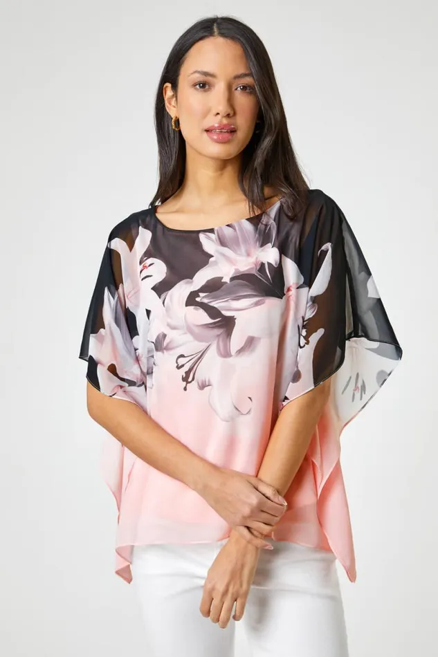 Light Pink Floral Border Print Overlay Top Women Roman Tops