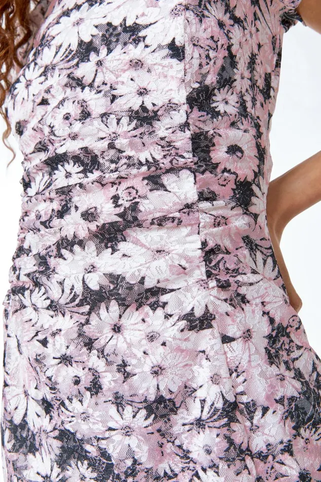 Light Pink Floral Print Stretch Lace Ruched Dress Women Roman Dresses