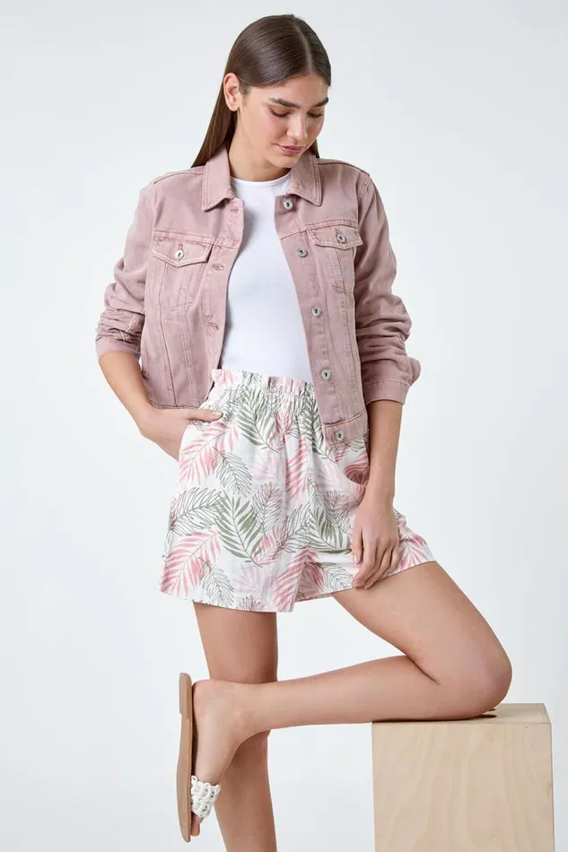 Light Pink Leaf Print Linen Blend Pocket Shorts Women Roman Shorts