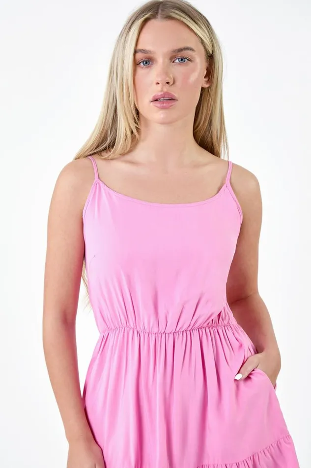 Light Pink Petite Sleeveless Frill Hem Dress Women Roman Dresses