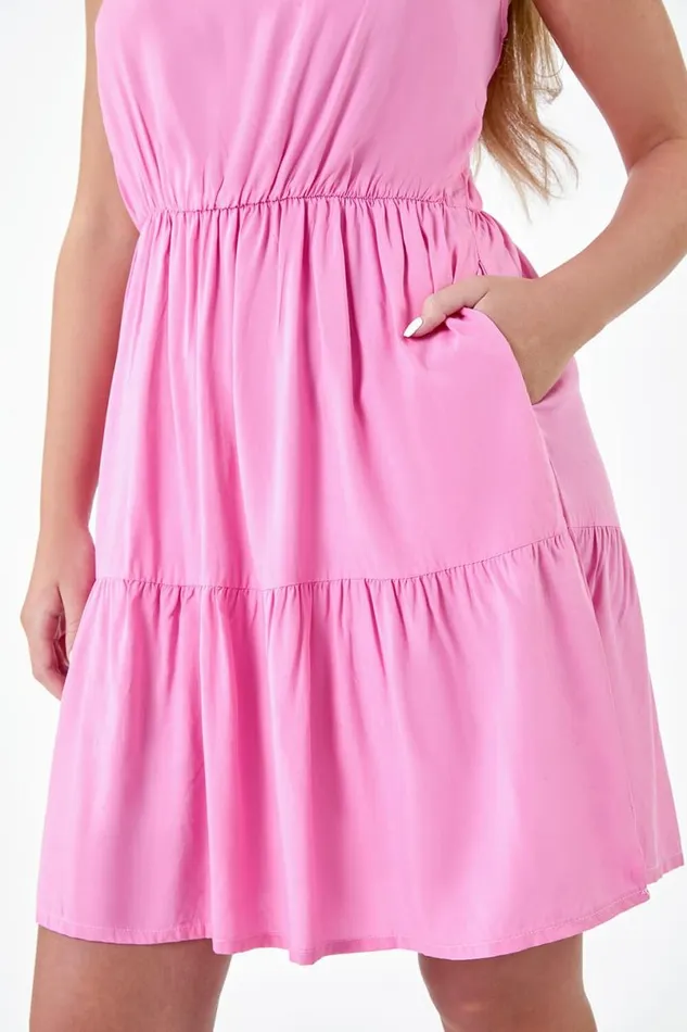 Light Pink Petite Sleeveless Frill Hem Dress Women Roman Dresses