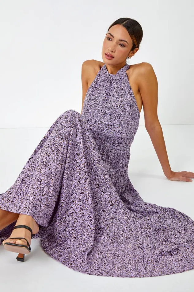 Lilac Animal Print Halter Neck Chiffon Maxi Dress Women Roman Dresses