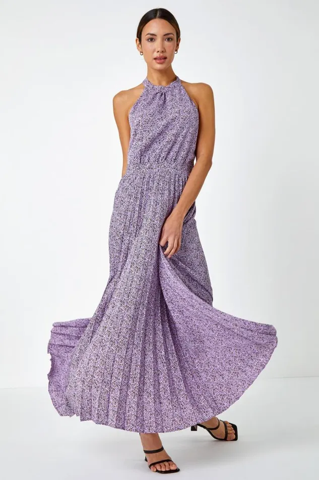 Lilac Animal Print Halter Neck Chiffon Maxi Dress Women Roman Dresses