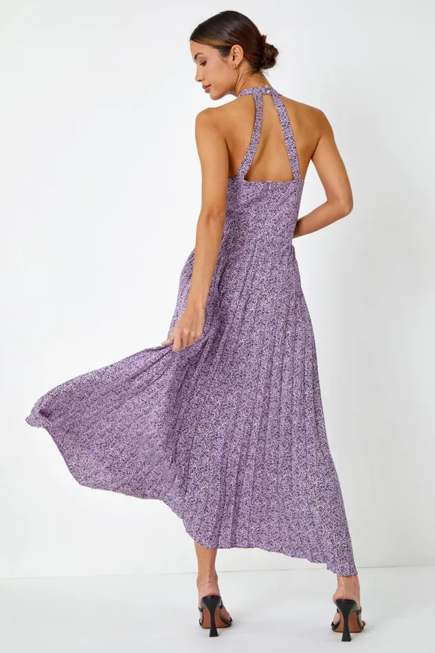 Lilac Animal Print Halter Neck Chiffon Maxi Dress Women Roman Dresses