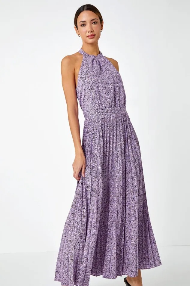 Lilac Animal Print Halter Neck Chiffon Maxi Dress Women Roman Dresses
