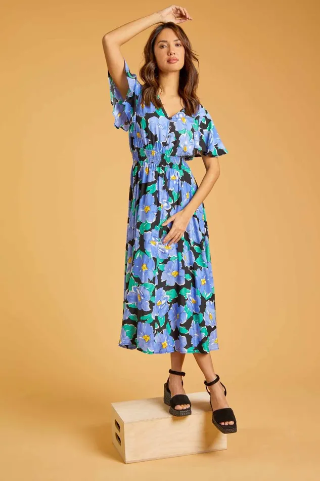 Lilac Floral Print Angel Sleeve Midi Dress Women Roman Dresses