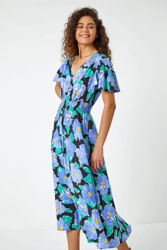 Lilac Floral Print Angel Sleeve Midi Dress Women Roman Dresses