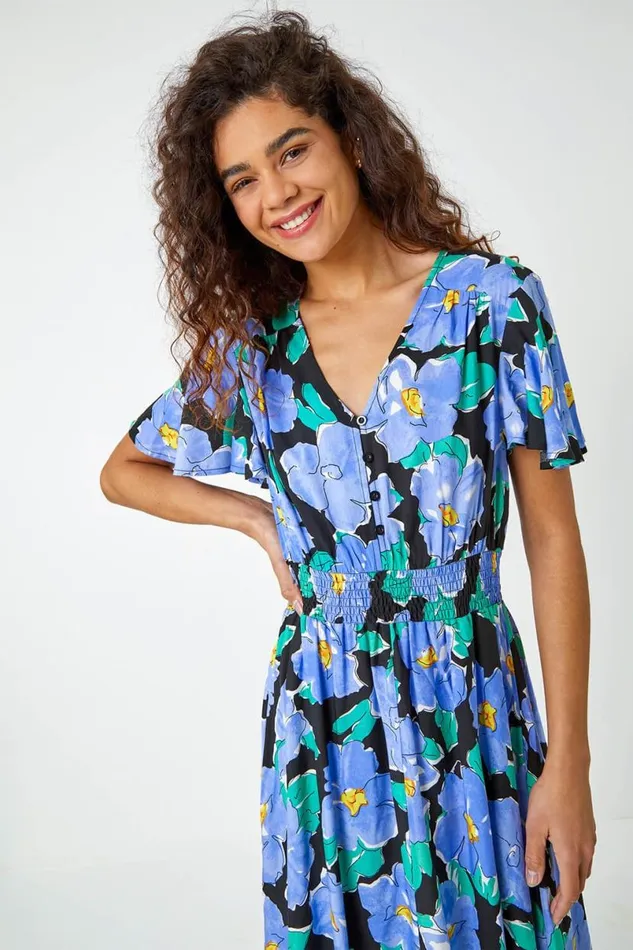 Lilac Floral Print Angel Sleeve Midi Dress Women Roman Dresses
