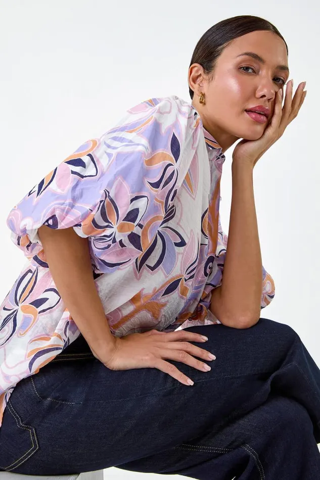 Lilac Floral Print Puff Sleeve Shirt Women Roman Tops