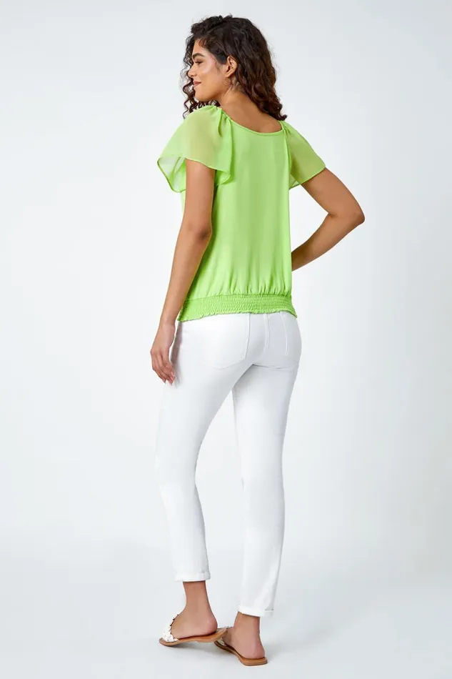 Lime Chiffon Sleeve VNeck Stretch Top Women Roman Tops