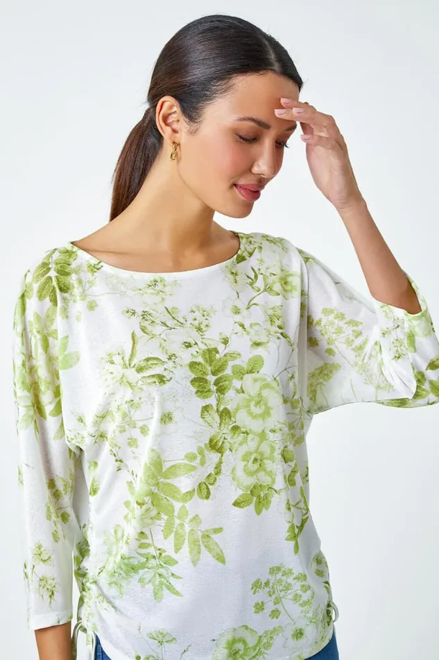Lime Floral Print Ruched Tie Detail Top Women Roman Tops