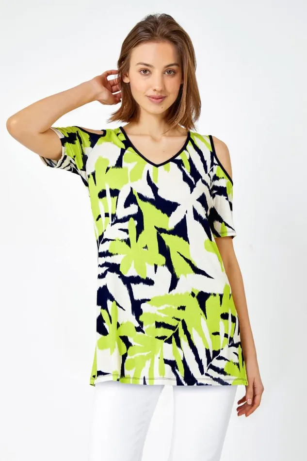 Lime Leaf Print VNeck Cold Shoulder Top Women Roman Tops