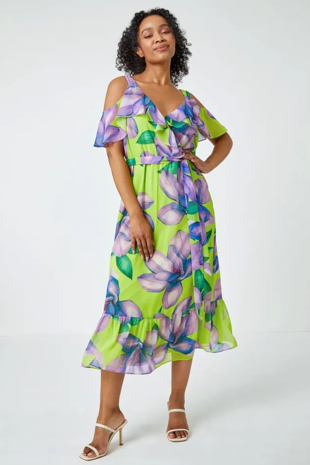 Lime Petite Floral Cold Shoulder Chiffon Midi Dress Women Roman Dresses
