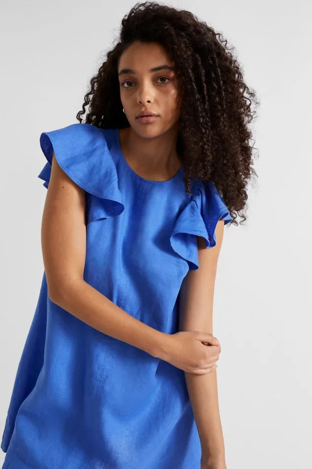 Linen Woman Seed Heritage Core Linen Frill Sleeve Mini Dress Deep Ocean