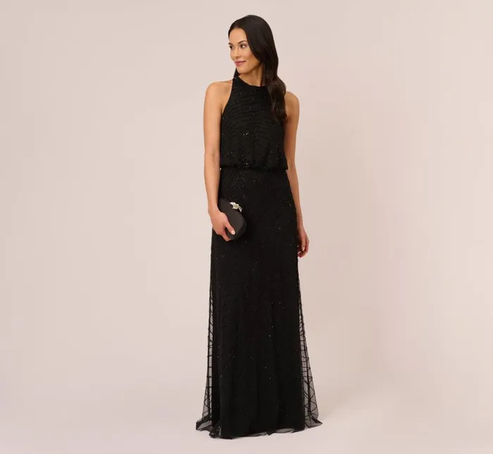 Long Dresses Womens Adrianna Papell Art Deco Beaded Blouson Dress With Halter Neckline In Black Black Long Dresses Womens Adrianna Papell Art Deco Beaded Blouson Dress With Halter Neckline In Black Black
