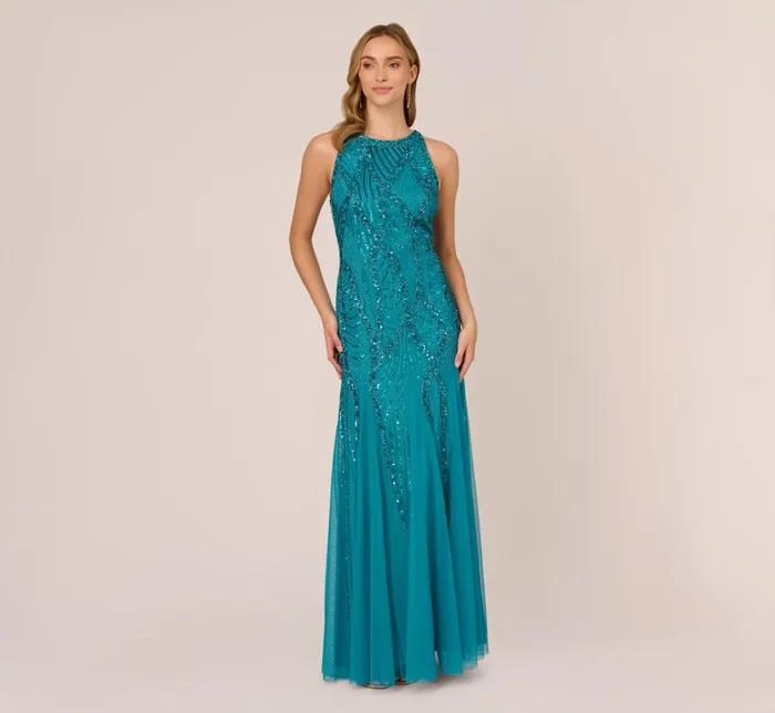Long Dresses Womens Adrianna Papell Beaded Halter Gown With Godet Skirt In Teal Long Dresses Womens Adrianna Papell Beaded Halter Gown With Godet Skirt In Teal