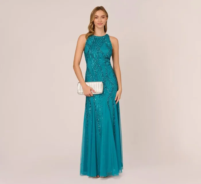 Long Dresses Womens Adrianna Papell Beaded Halter Gown With Godet Skirt In Teal