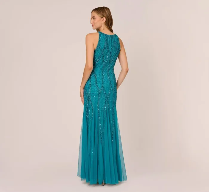 Long Dresses Womens Adrianna Papell Beaded Halter Gown With Godet Skirt In Teal