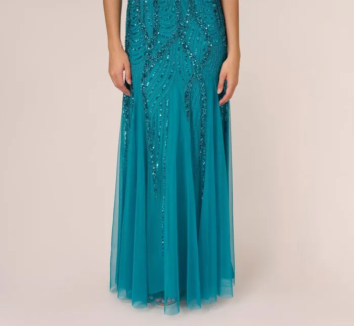 Long Dresses Womens Adrianna Papell Beaded Halter Gown With Godet Skirt In Teal