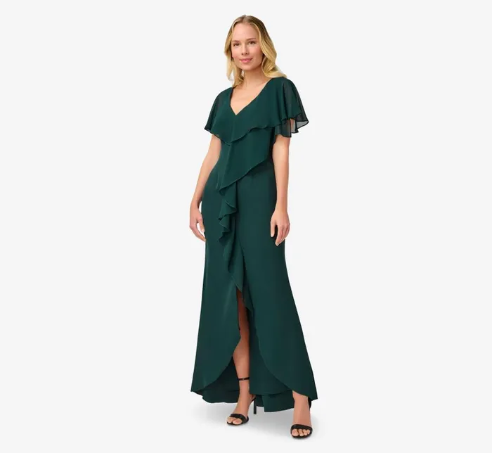 Long Dresses Womens Adrianna Papell Chiffon And Crepe Mermaid Gown In Hunter