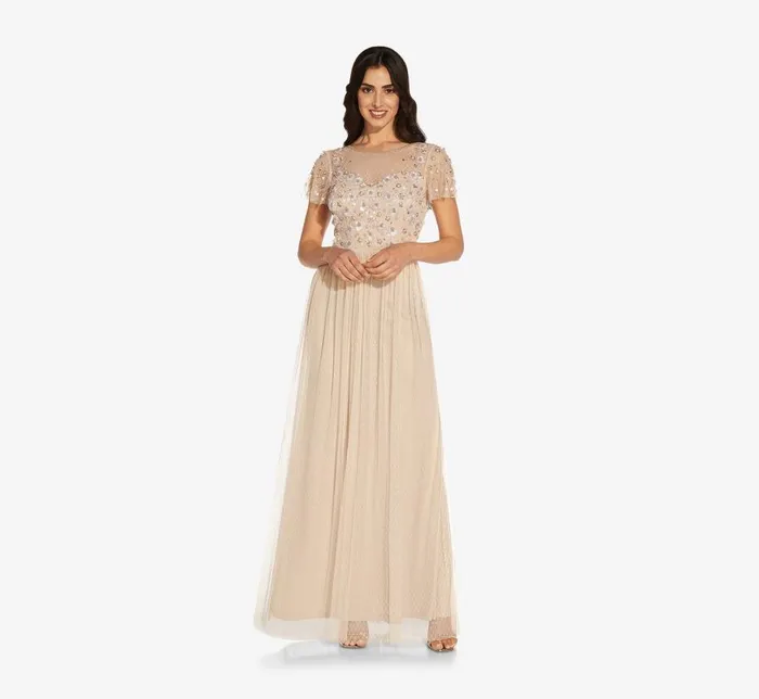 Long Dresses Womens Adrianna Papell Floral 3D HandBeaded And Lace Illusion Long Gown In Biscotti