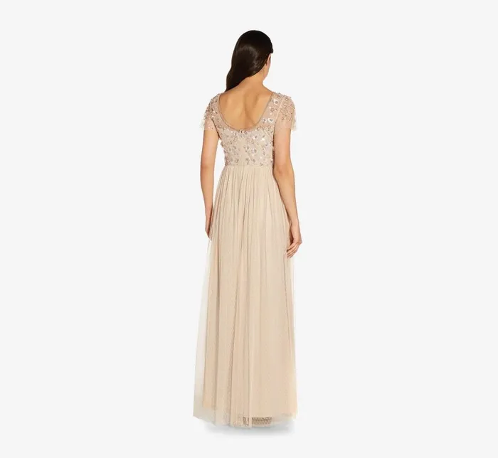 Long Dresses Womens Adrianna Papell Floral 3D HandBeaded And Lace Illusion Long Gown In Biscotti