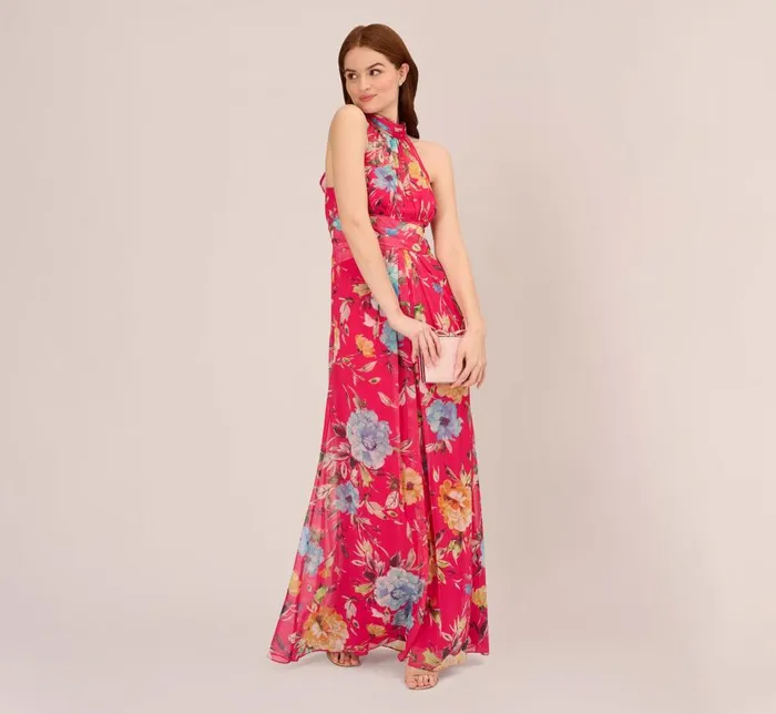 Long Dresses Womens Adrianna Papell Floral Chiffon Halter Gown With Illusion Details In Pink Multi Long Dresses Womens Adrianna Papell Floral Chiffon Halter Gown With Illusion Details In Pink Multi
