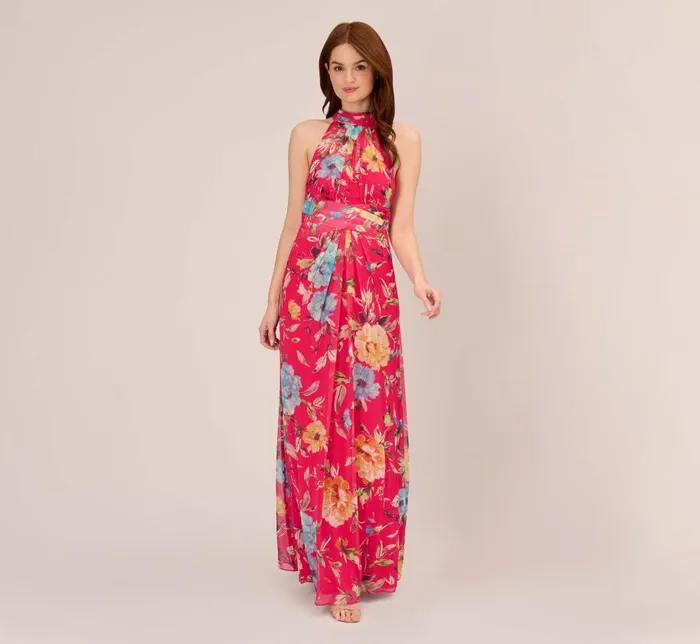 Long Dresses Womens Adrianna Papell Floral Chiffon Halter Gown With Illusion Details In Pink Multi