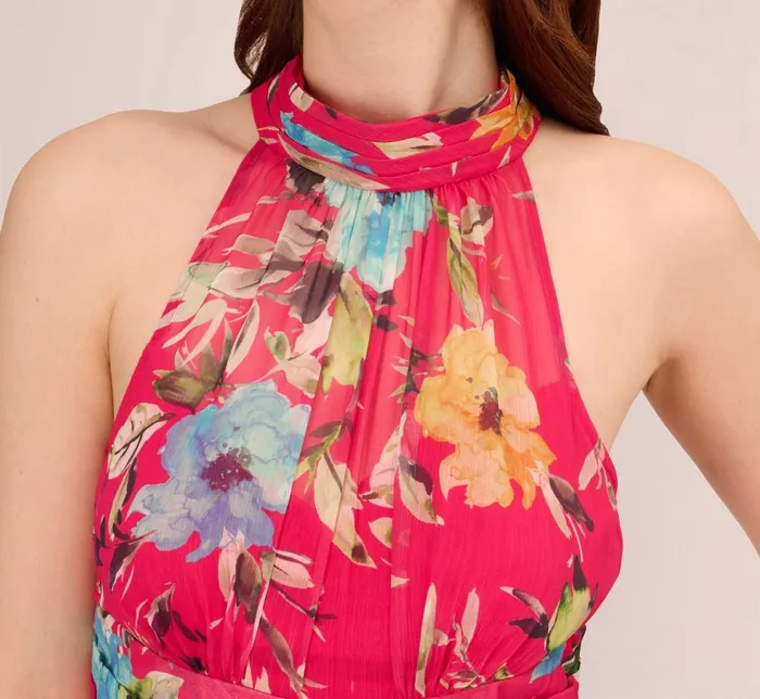 Long Dresses Womens Adrianna Papell Floral Chiffon Halter Gown With Illusion Details In Pink Multi