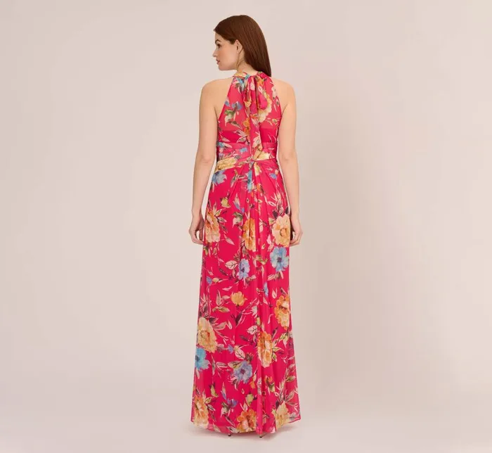 Long Dresses Womens Adrianna Papell Floral Chiffon Halter Gown With Illusion Details In Pink Multi