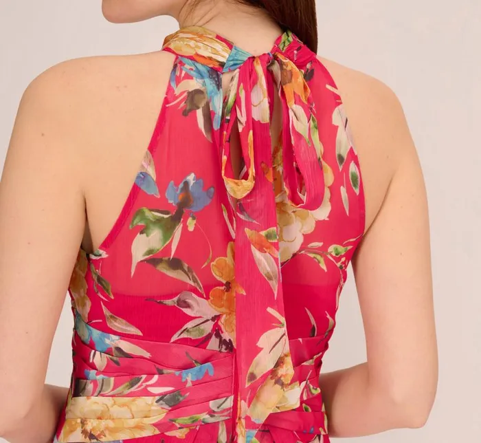 Long Dresses Womens Adrianna Papell Floral Chiffon Halter Gown With Illusion Details In Pink Multi