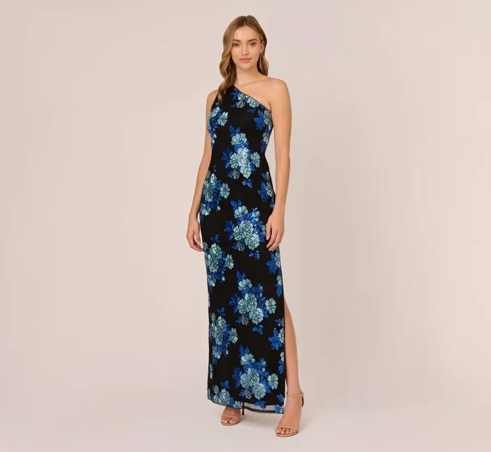 Long Dresses Womens Adrianna Papell Floral Sequin One Shoulder Column Gown In Black Blue Multi Long Dresses Womens Adrianna Papell Floral Sequin One Shoulder Column Gown In Black Blue Multi