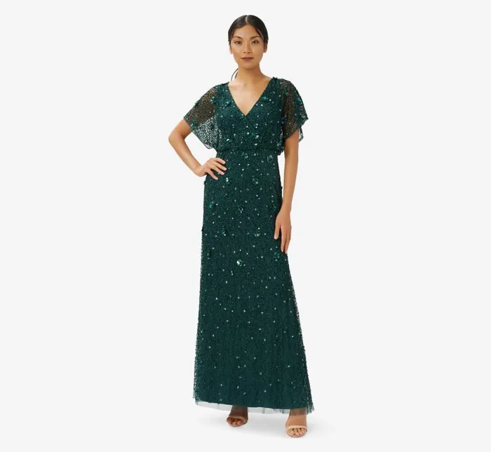 Long Dresses Womens Adrianna Papell HandBeaded 3D Floral Blouson Long Gown In Dusty Emerald Long Dresses Womens Adrianna Papell HandBeaded 3D Floral Blouson Long Gown In Dusty Emerald