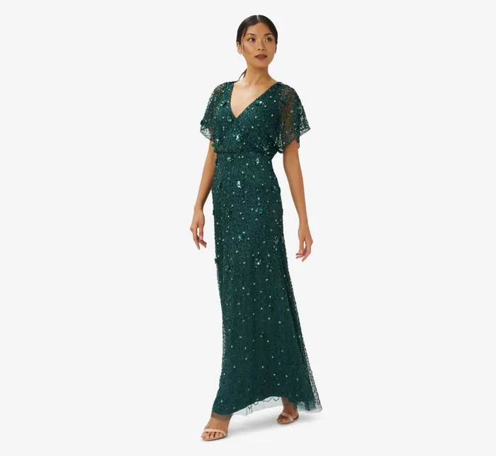 Long Dresses Womens Adrianna Papell HandBeaded 3D Floral Blouson Long Gown In Dusty Emerald