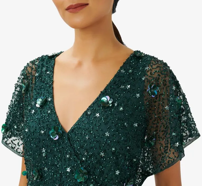 Long Dresses Womens Adrianna Papell HandBeaded 3D Floral Blouson Long Gown In Dusty Emerald