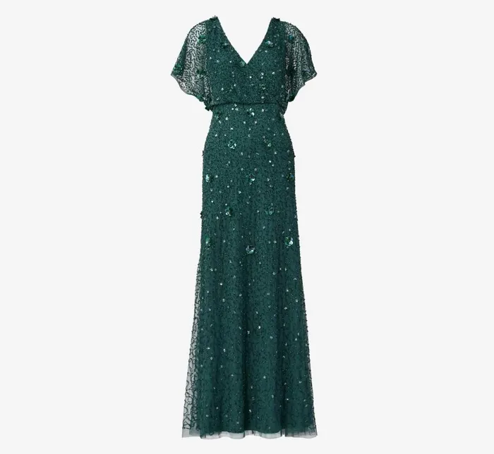 Long Dresses Womens Adrianna Papell HandBeaded 3D Floral Blouson Long Gown In Dusty Emerald