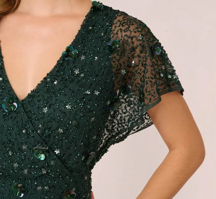 Long Dresses Womens Adrianna Papell HandBeaded 3D Floral Blouson Long Gown In Dusty Emerald