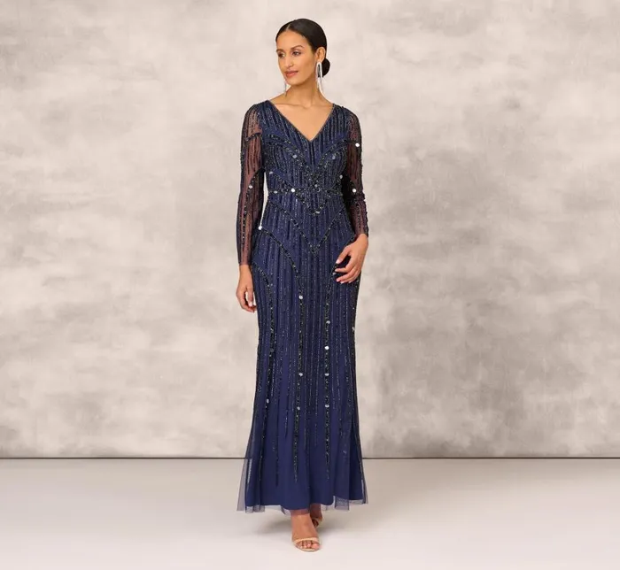 Long Dresses Womens Adrianna Papell Hand Beaded Illusion Long Mermaid Gown In Navy Long Dresses Womens Adrianna Papell Hand Beaded Illusion Long Mermaid Gown In Navy