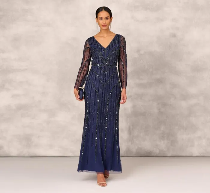 Long Dresses Womens Adrianna Papell Hand Beaded Illusion Long Mermaid Gown In Navy
