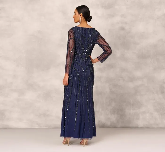 Long Dresses Womens Adrianna Papell Hand Beaded Illusion Long Mermaid Gown In Navy