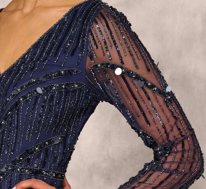 Long Dresses Womens Adrianna Papell Hand Beaded Illusion Long Mermaid Gown In Navy