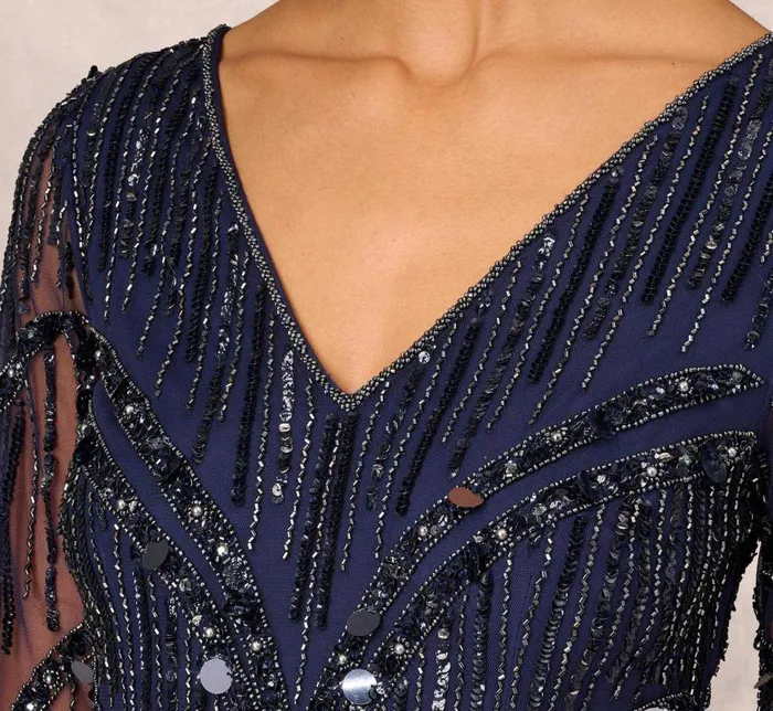 Long Dresses Womens Adrianna Papell Hand Beaded Illusion Long Mermaid Gown In Navy