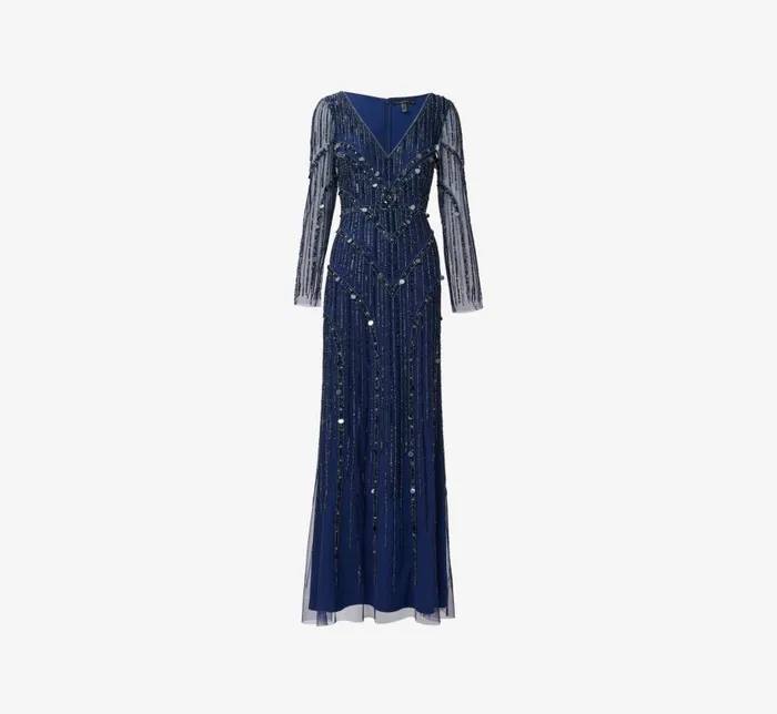 Long Dresses Womens Adrianna Papell Hand Beaded Illusion Long Mermaid Gown In Navy