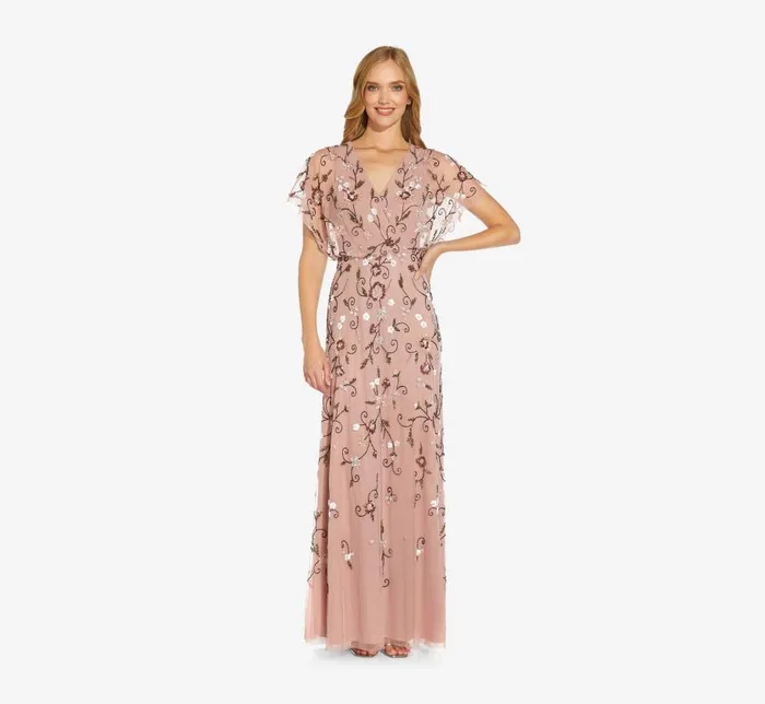 Long Dresses Womens Adrianna Papell Long Hand Beaded Flutter Sleeve Blouson Gown In Candied Ginger Long Dresses Womens Adrianna Papell Long Hand Beaded Flutter Sleeve Blouson Gown In Candied Ginger
