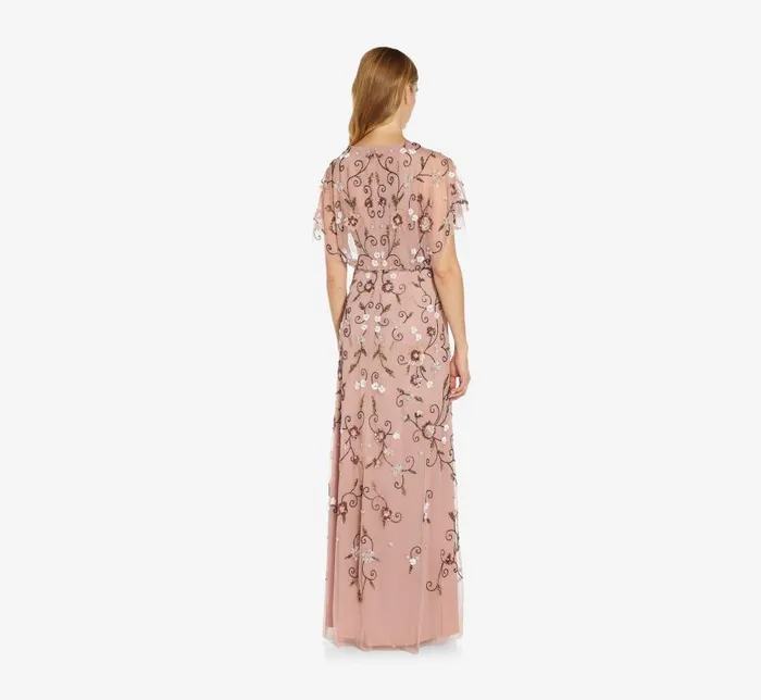 Long Dresses Womens Adrianna Papell Long Hand Beaded Flutter Sleeve Blouson Gown In Candied Ginger
